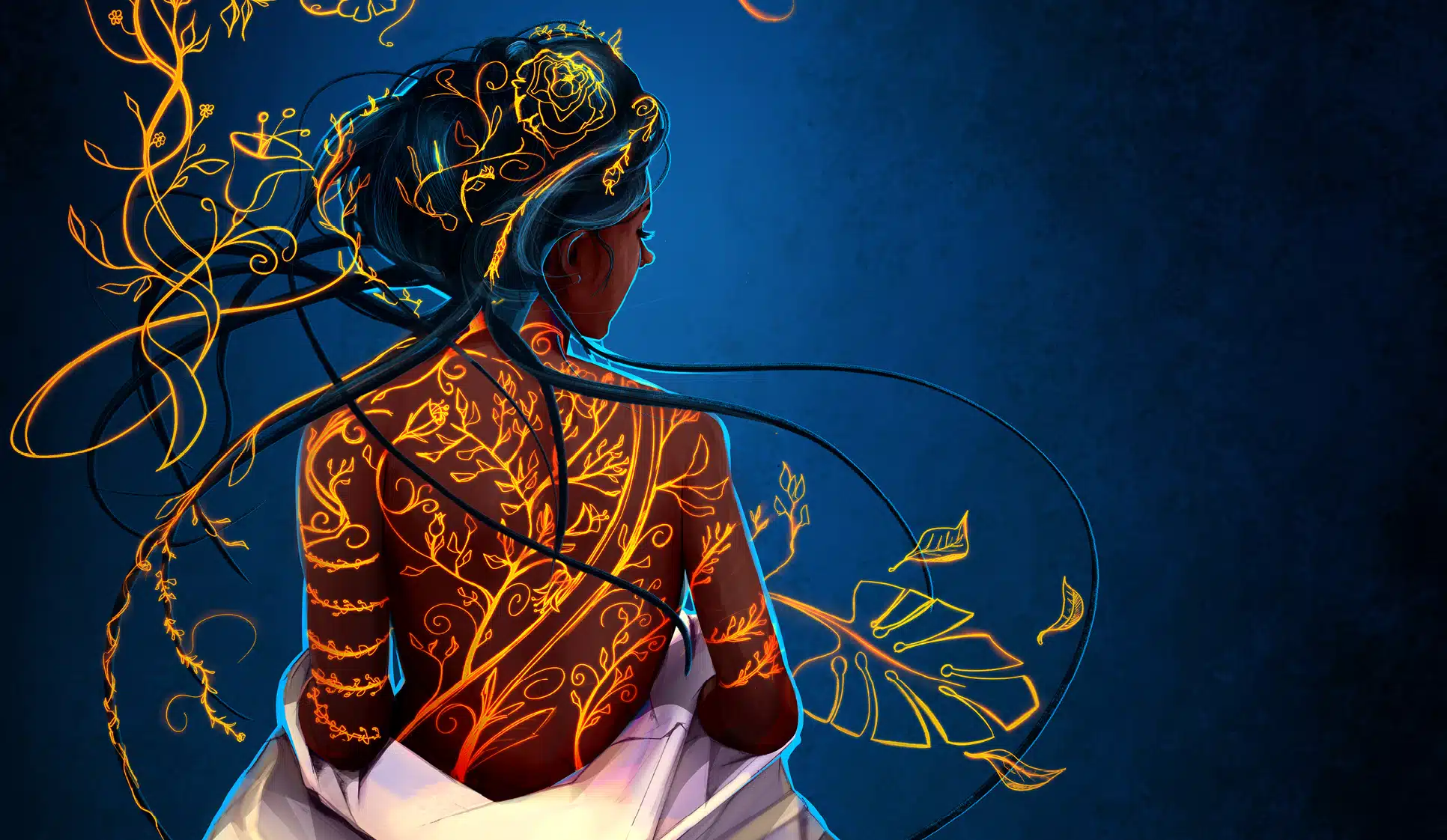 Illustration officielle de l'affiche Rock in Évreux 2023 représentant une femme aux motifs lumineux dorés sur fond bleu, par Joris Hauselmann.