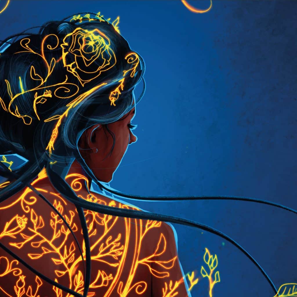 Illustration officielle de l'affiche Rock in Évreux 2023 représentant une femme aux motifs lumineux dorés sur fond bleu, par Joris Hauselmann.