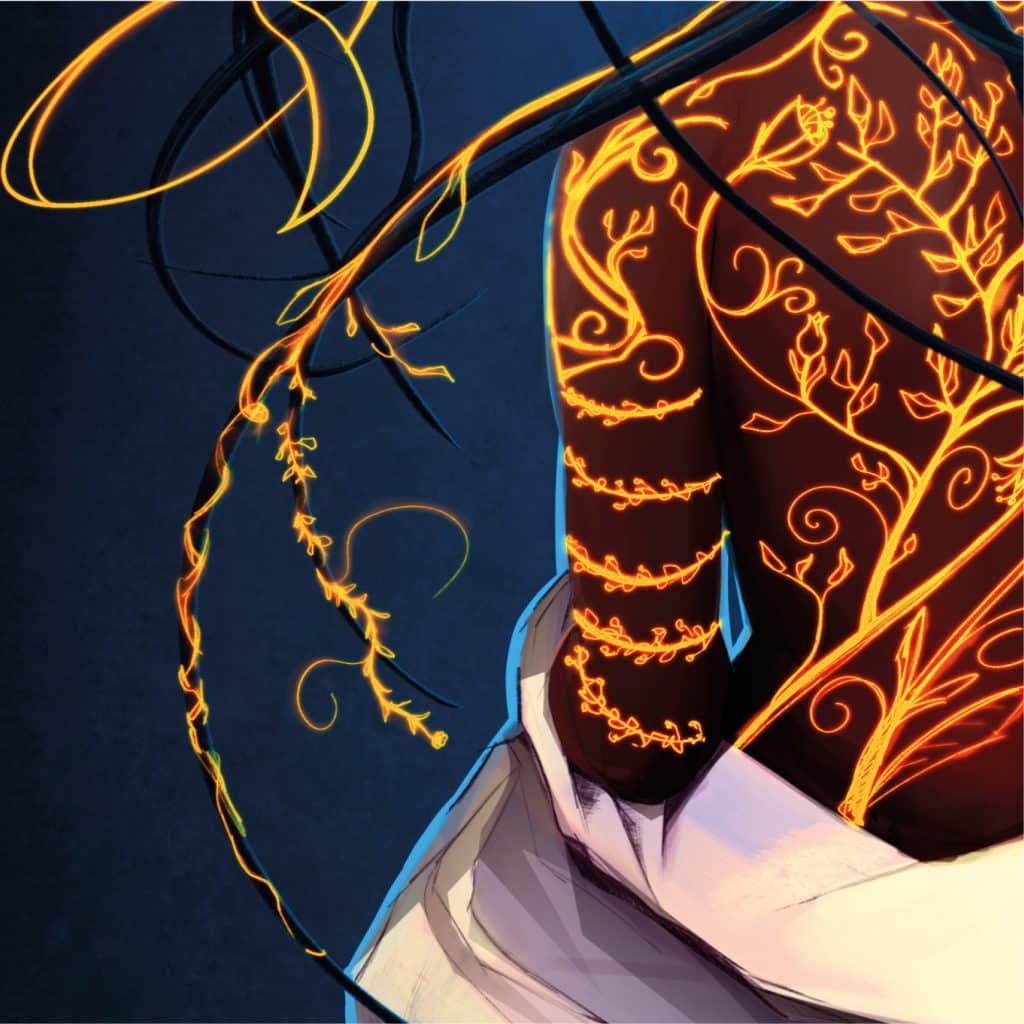 Illustration officielle de l'affiche Rock in Évreux 2023 représentant une femme aux motifs lumineux dorés sur fond bleu, par Joris Hauselmann.