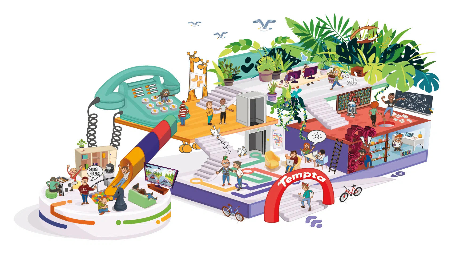 Illustration isométrique finale et colorée représentant un écosystème d'entreprise ludique et connecté, créée par Joris Hauselmann.