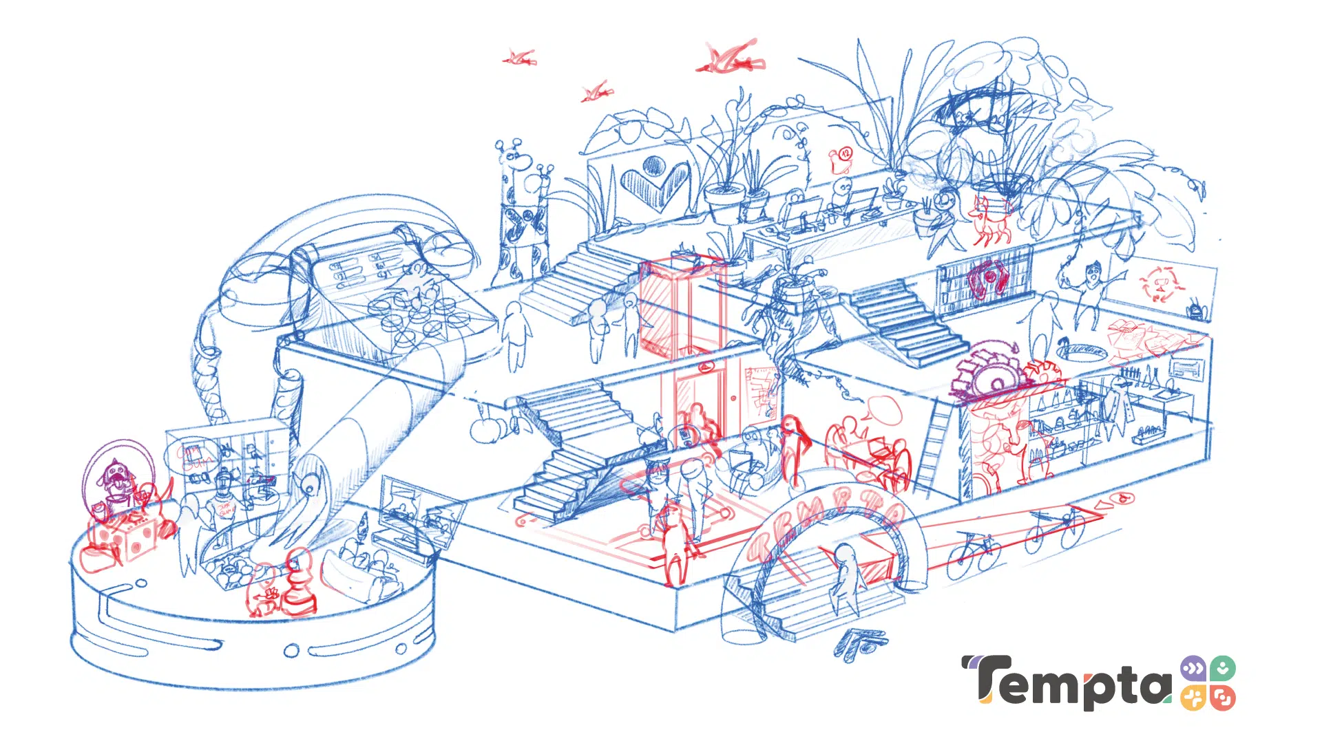 Croquis de recherche en vue isométrique bicolore bleu et rouge pour l'illustration de l'espace collaboratif Tempta par Joris Hauselmann.