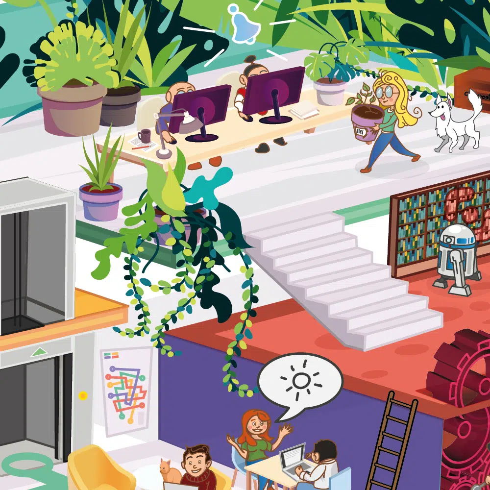 Illustration colorée d'un espace de travail collaboratif moderne et végétalisé créée par Joris Hauselmann.