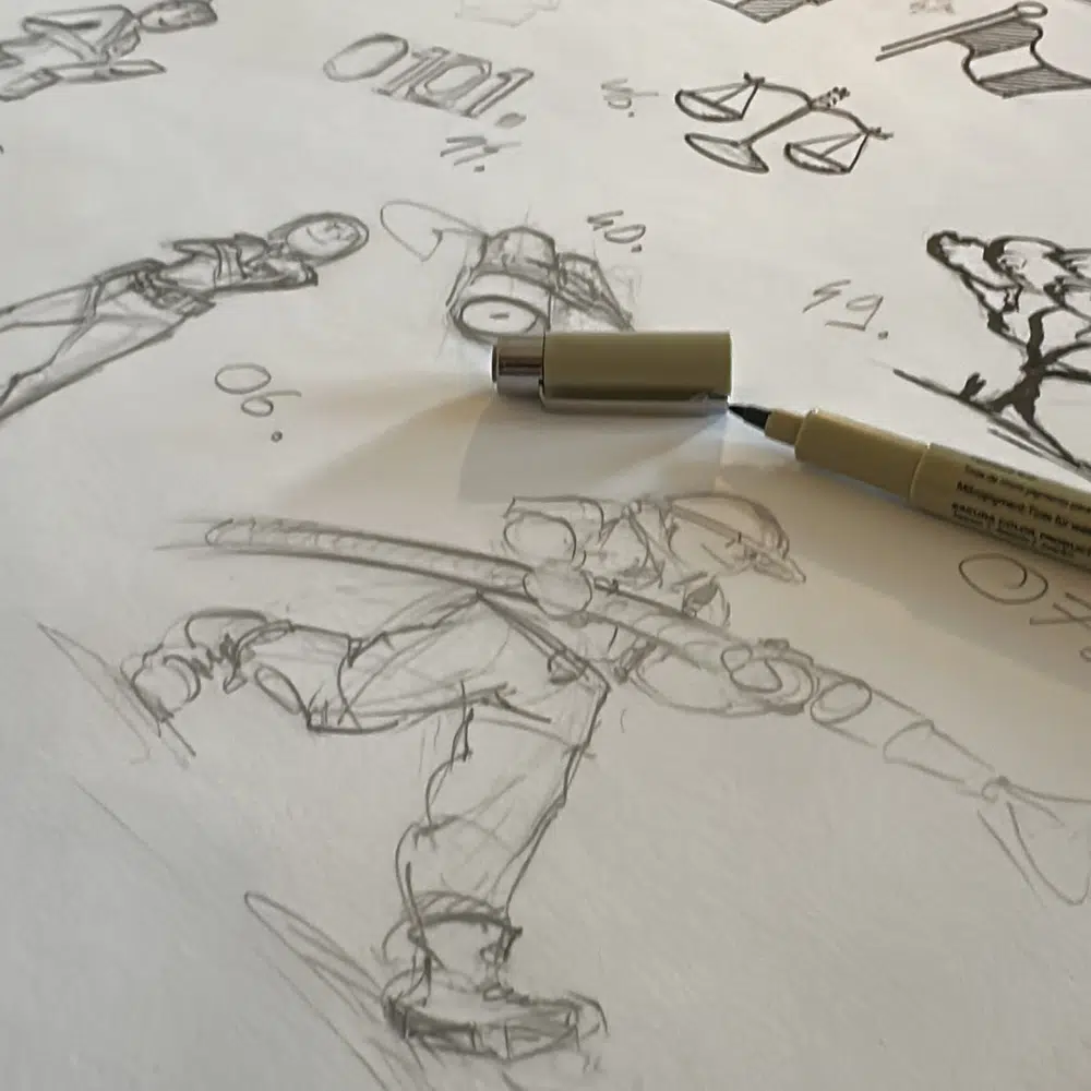 Dessins et croquis préparatoires au crayon sur papier avec un feutre de précision technique, réalisés par l'illustrateur Joris Hauselmann.