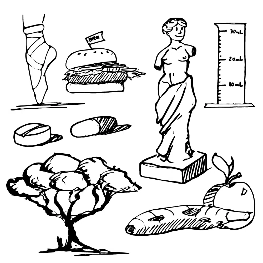 Planche d'illustrations en noir et blanc de style bande dessinée comprenant des pictogrammes variés dessinés par Joris Hauselmann.