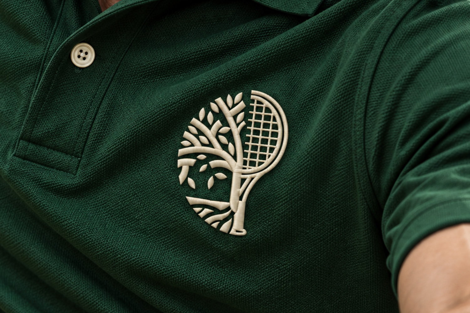 Gros plan sur le logo brodé du Tennis Club Malacquet sur un polo vert.