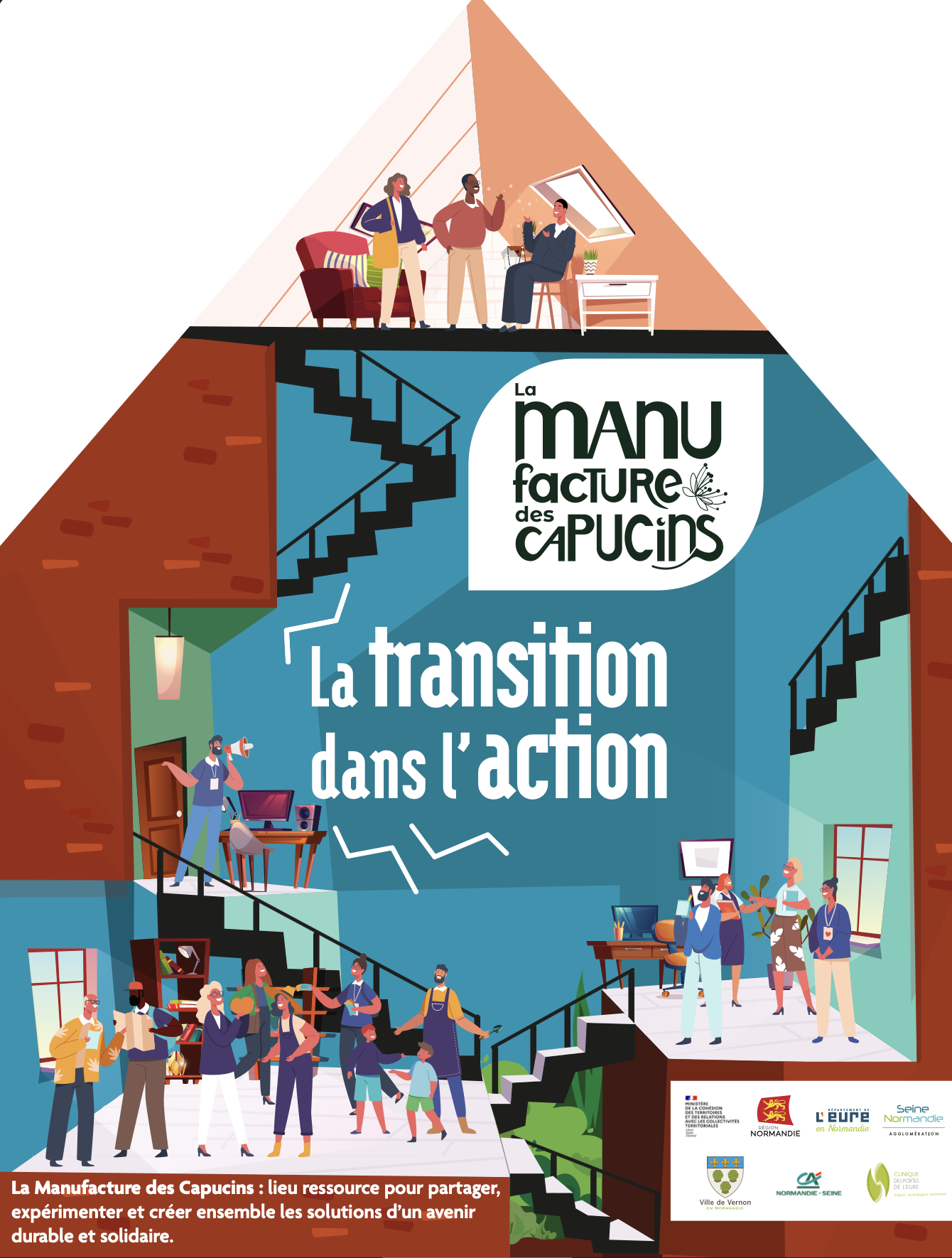Illustration complète du pignon de la Manufacture des Capucins, avec personnages colorés, escaliers et slogan « La transition dans l'action ».