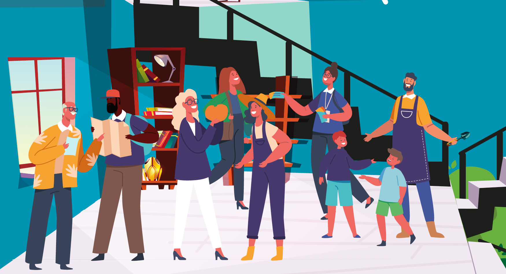 Illustration de plusieurs générations réunies dans un espace collectif, avec des livres, des outils et deux enfants.
