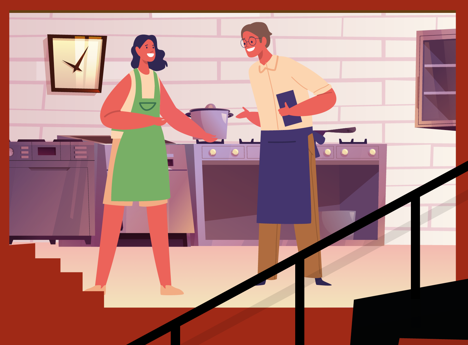 Illustration de deux personnes en tablier échangeant dans une cuisine équipée autour d'une casserole posée sur une cuisinière.