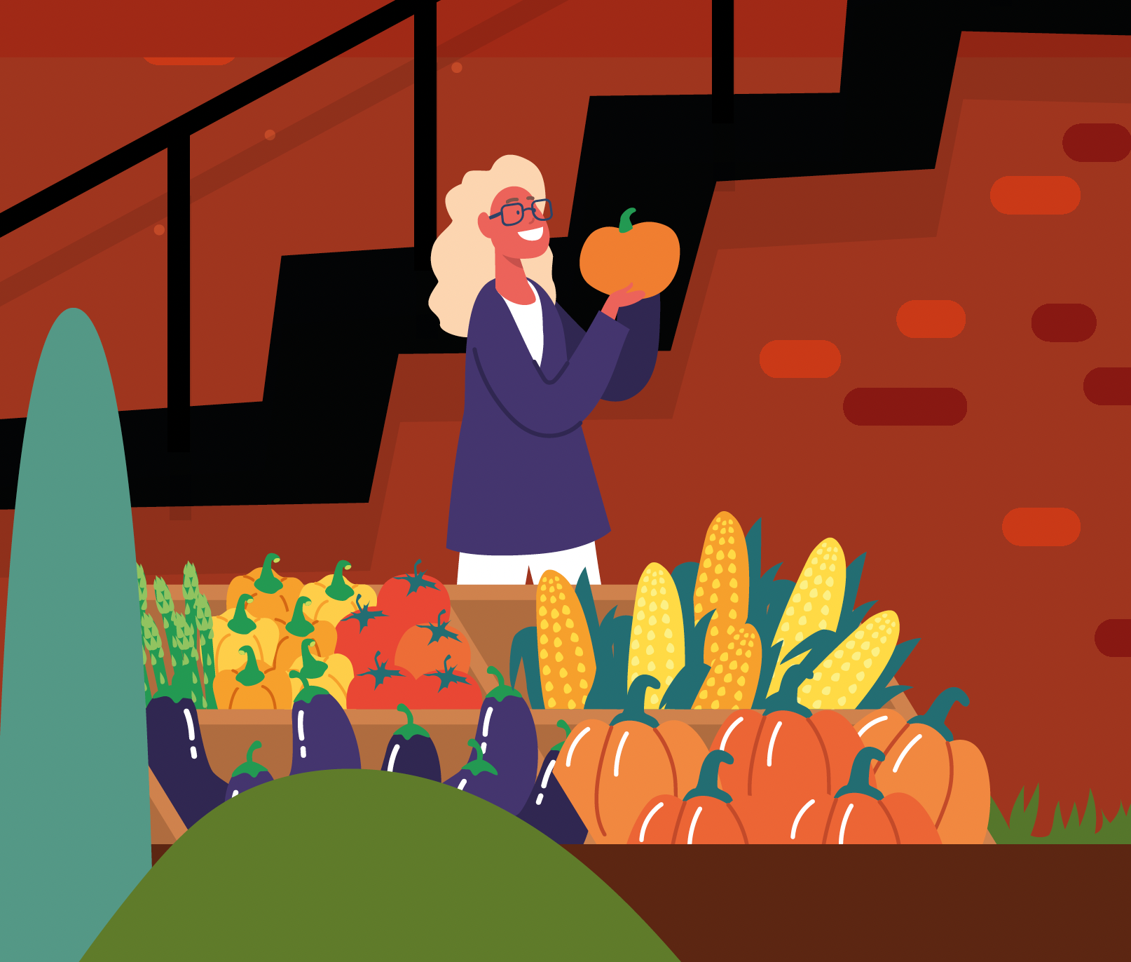 Illustration d'une femme aux cheveux clairs tenant une courge orange au-dessus d'un étal de légumes, devant un escalier noir.