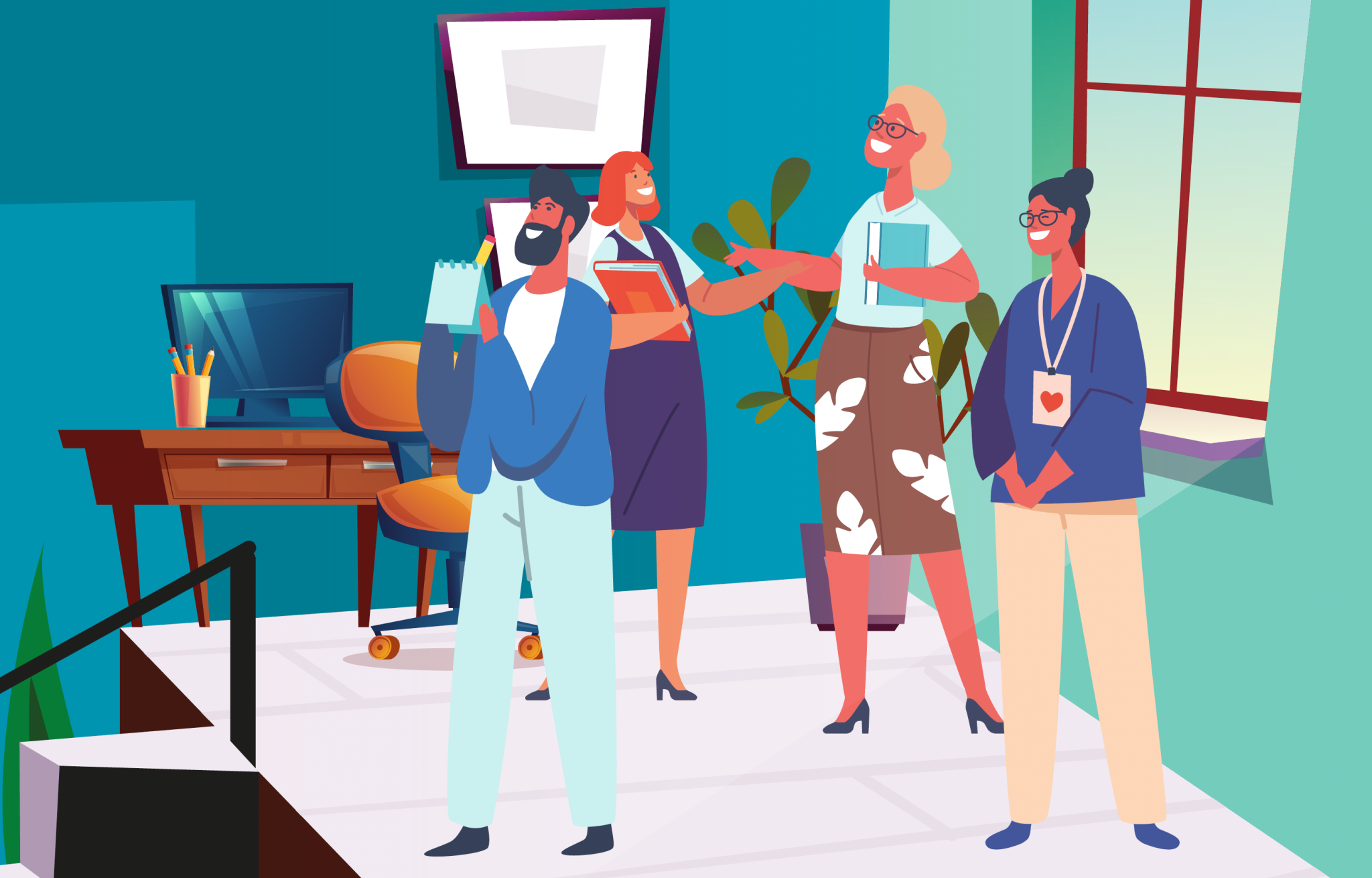 Illustration de quatre personnes échangeant dans un bureau aux murs turquoise, près d'un ordinateur et d'une fenêtre.