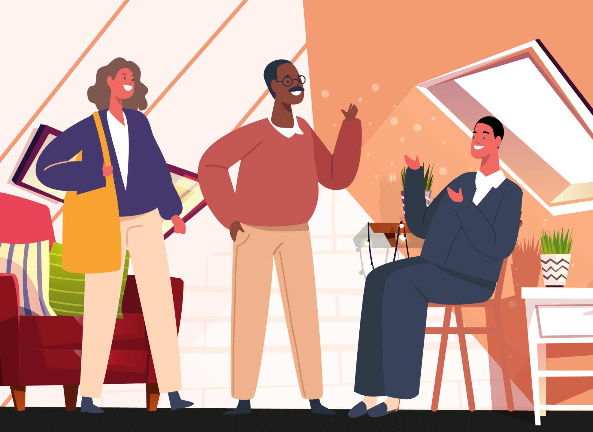 Illustration de trois personnes discutant dans un salon lumineux, dont une personne assise et deux debout.
